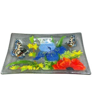 Peggy Karr Rectangular Tray Dish Fused Glass Butterflies Iris Daffodils Signed
